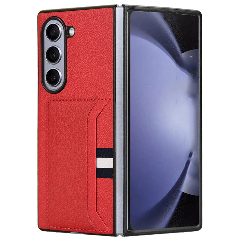 For Samsung Galaxy Z Fold6 5G Case Card Holder Litchi Texture Leather+PC Folding Phone Cover - Red