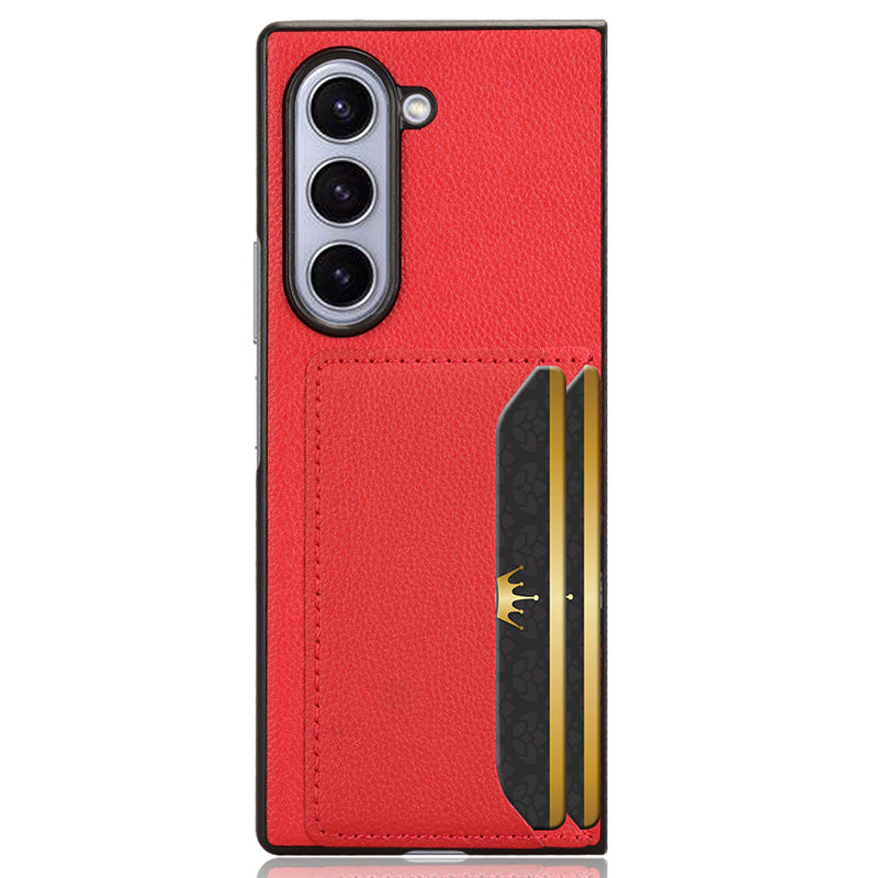 For Samsung Galaxy Z Fold6 5G Case Card Holder Litchi Texture Leather+PC Folding Phone Cover - Red