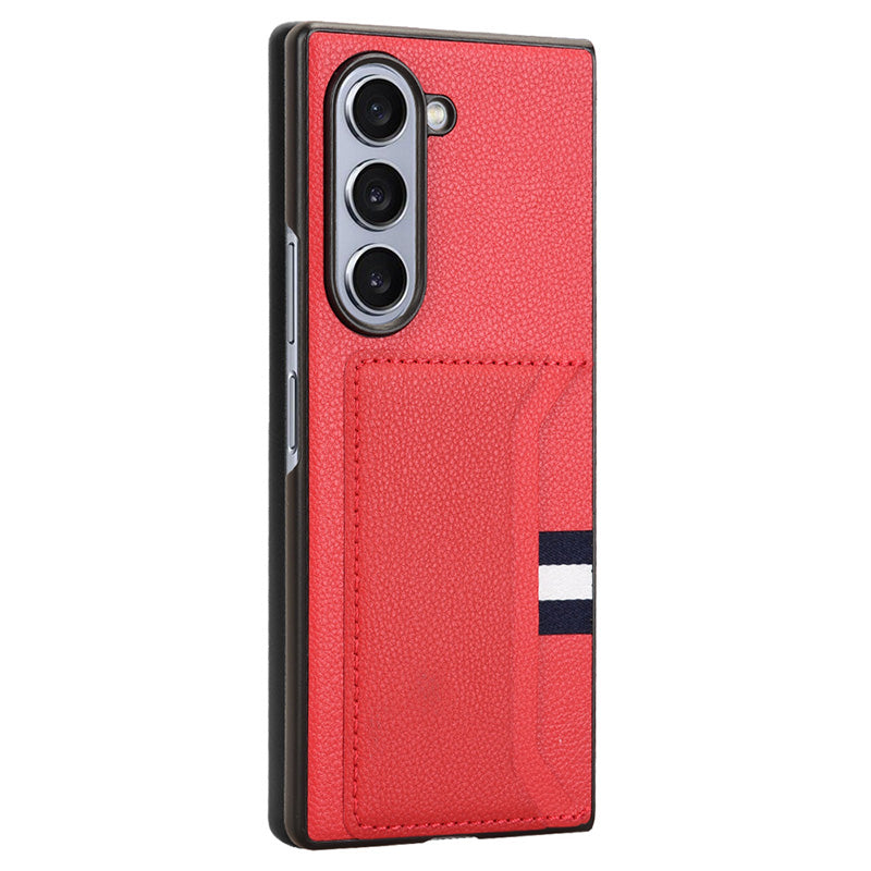 For Samsung Galaxy Z Fold6 5G Case Card Holder Litchi Texture Leather+PC Folding Phone Cover - Red