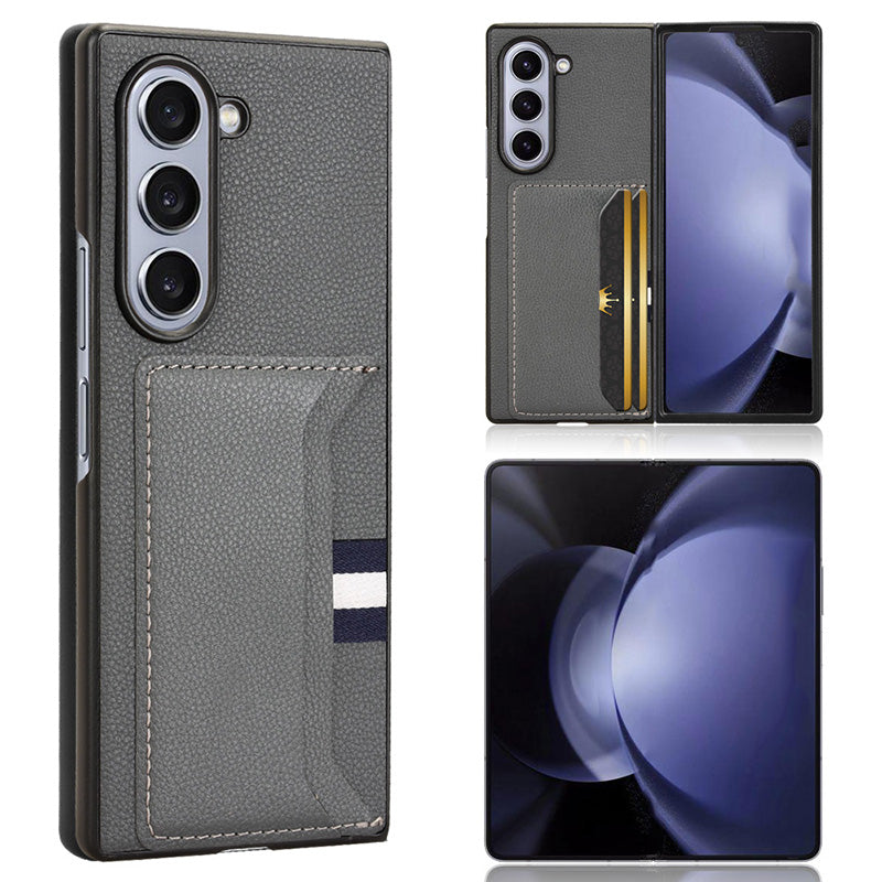 For Samsung Galaxy Z Fold6 5G Case Card Holder Litchi Texture Leather+PC Folding Phone Cover - Grey