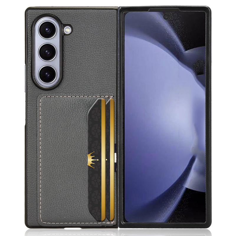 For Samsung Galaxy Z Fold6 5G Case Card Holder Litchi Texture Leather+PC Folding Phone Cover - Grey