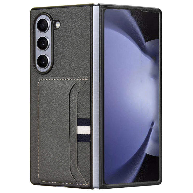 For Samsung Galaxy Z Fold6 5G Case Card Holder Litchi Texture Leather+PC Folding Phone Cover - Grey