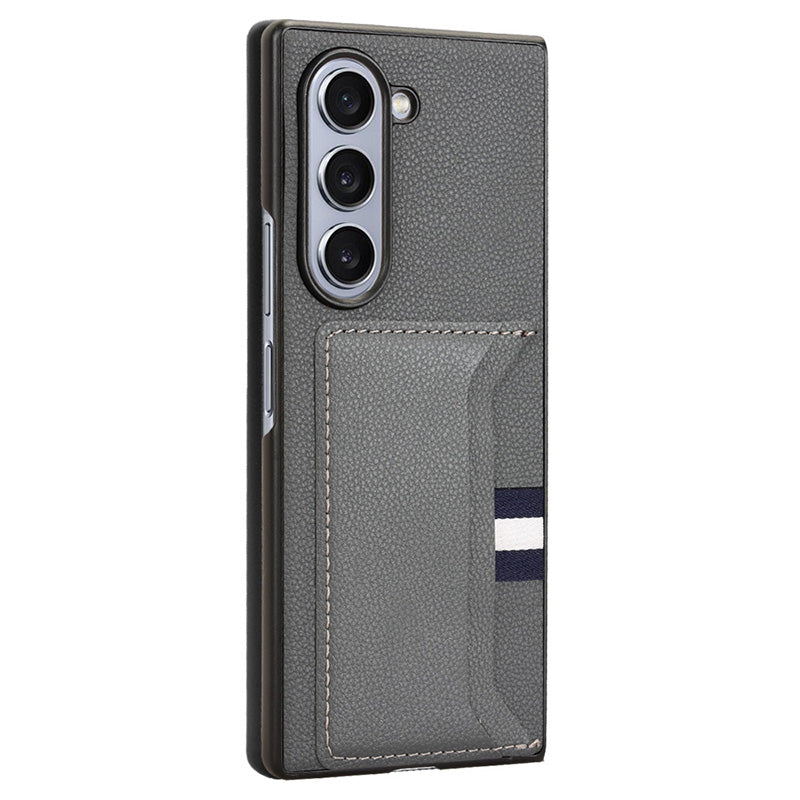 For Samsung Galaxy Z Fold6 5G Case Card Holder Litchi Texture Leather+PC Folding Phone Cover - Grey