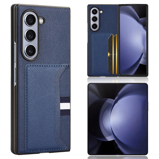 For Samsung Galaxy Z Fold6 5G Case Card Holder Litchi Texture Leather+PC Folding Phone Cover - Blue