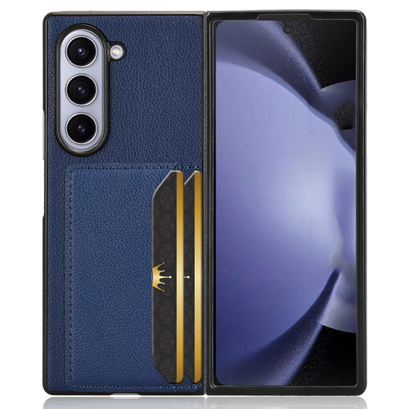 For Samsung Galaxy Z Fold6 5G Case Card Holder Litchi Texture Leather+PC Folding Phone Cover - Blue