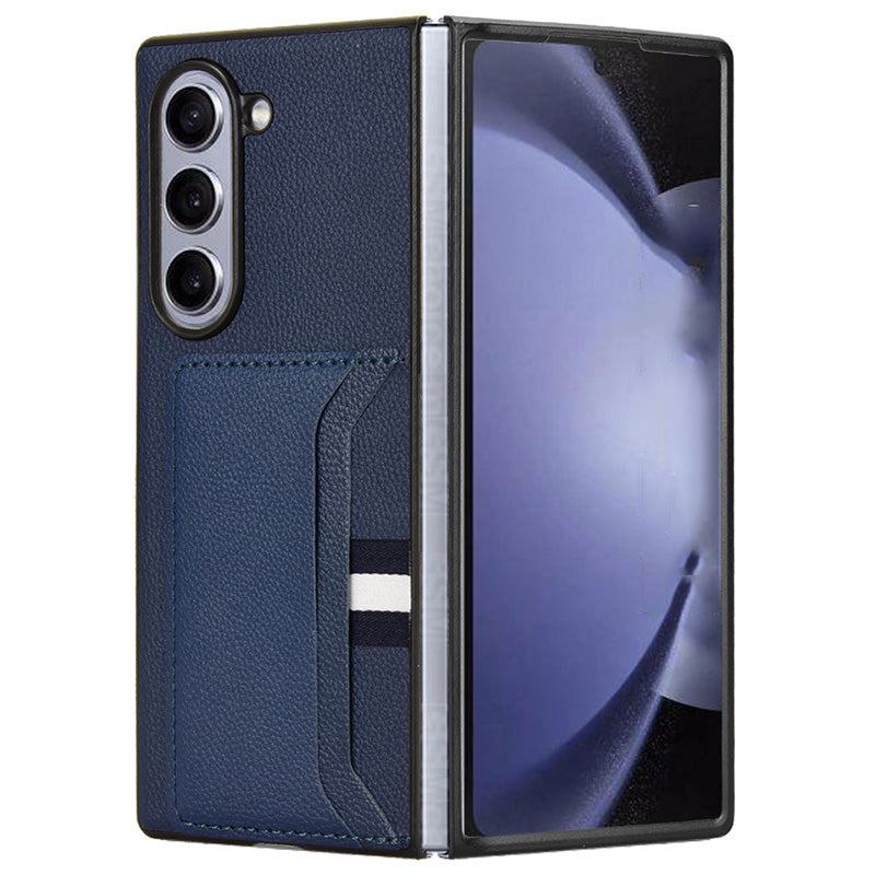 For Samsung Galaxy Z Fold6 5G Case Card Holder Litchi Texture Leather+PC Folding Phone Cover - Blue