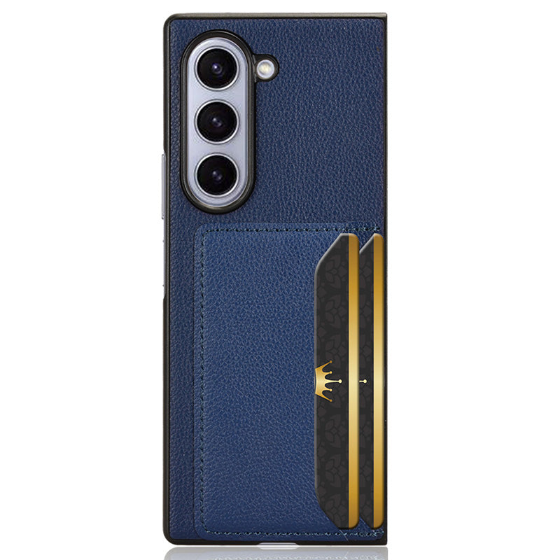 For Samsung Galaxy Z Fold6 5G Case Card Holder Litchi Texture Leather+PC Folding Phone Cover - Blue