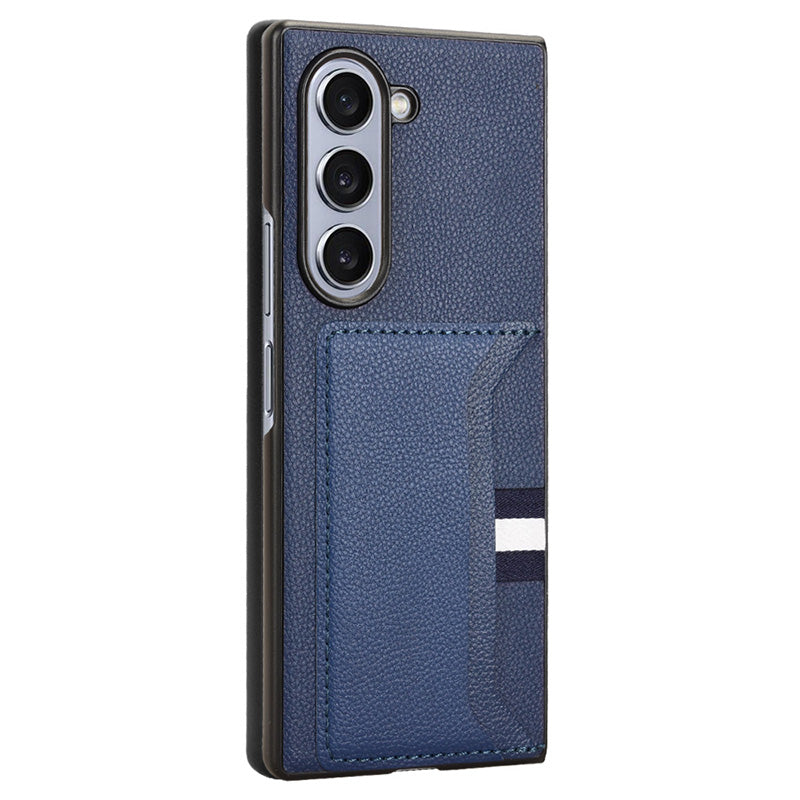 For Samsung Galaxy Z Fold6 5G Case Card Holder Litchi Texture Leather+PC Folding Phone Cover - Blue