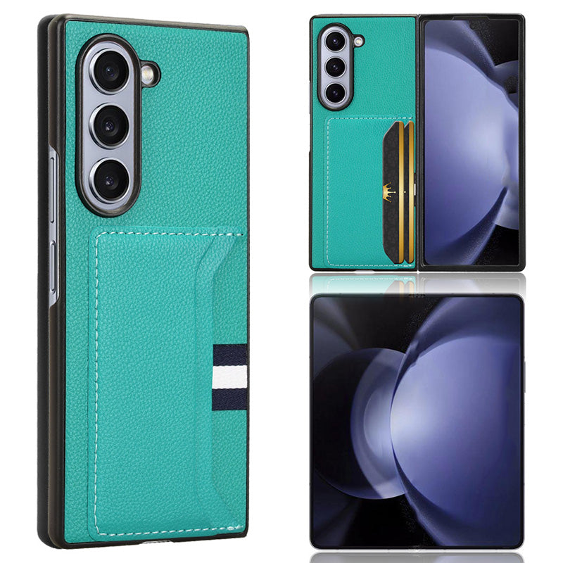 For Samsung Galaxy Z Fold6 5G Case Card Holder Litchi Texture Leather+PC Folding Phone Cover - Green