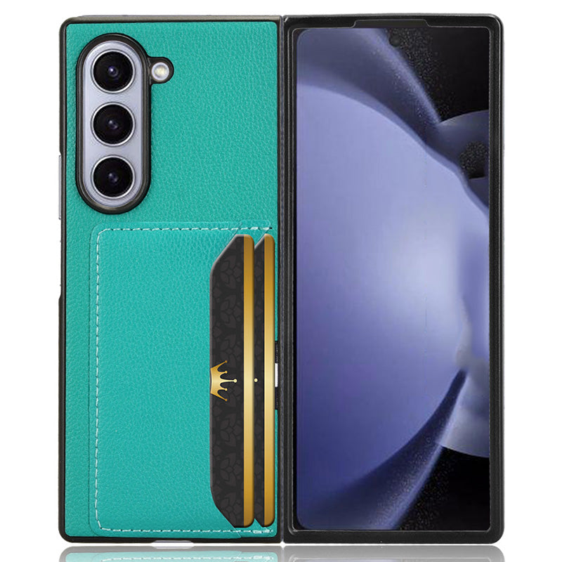 For Samsung Galaxy Z Fold6 5G Case Card Holder Litchi Texture Leather+PC Folding Phone Cover - Green