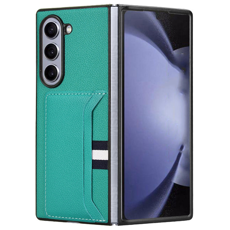 For Samsung Galaxy Z Fold6 5G Case Card Holder Litchi Texture Leather+PC Folding Phone Cover - Green