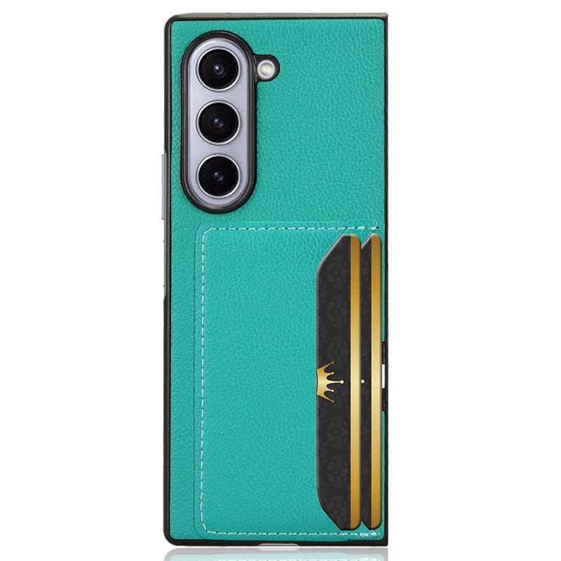 For Samsung Galaxy Z Fold6 5G Case Card Holder Litchi Texture Leather+PC Folding Phone Cover - Green