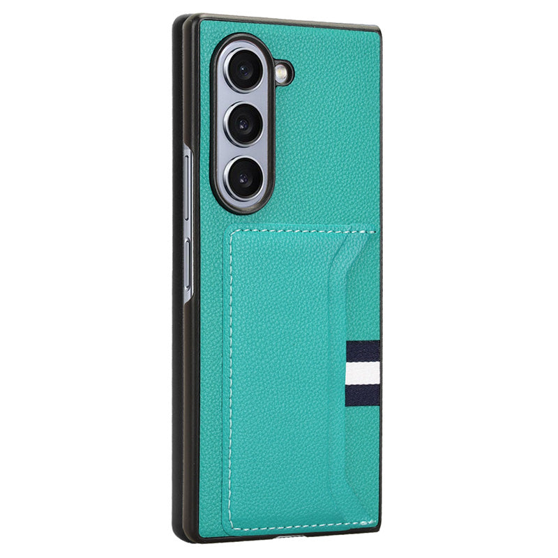 For Samsung Galaxy Z Fold6 5G Case Card Holder Litchi Texture Leather+PC Folding Phone Cover - Green
