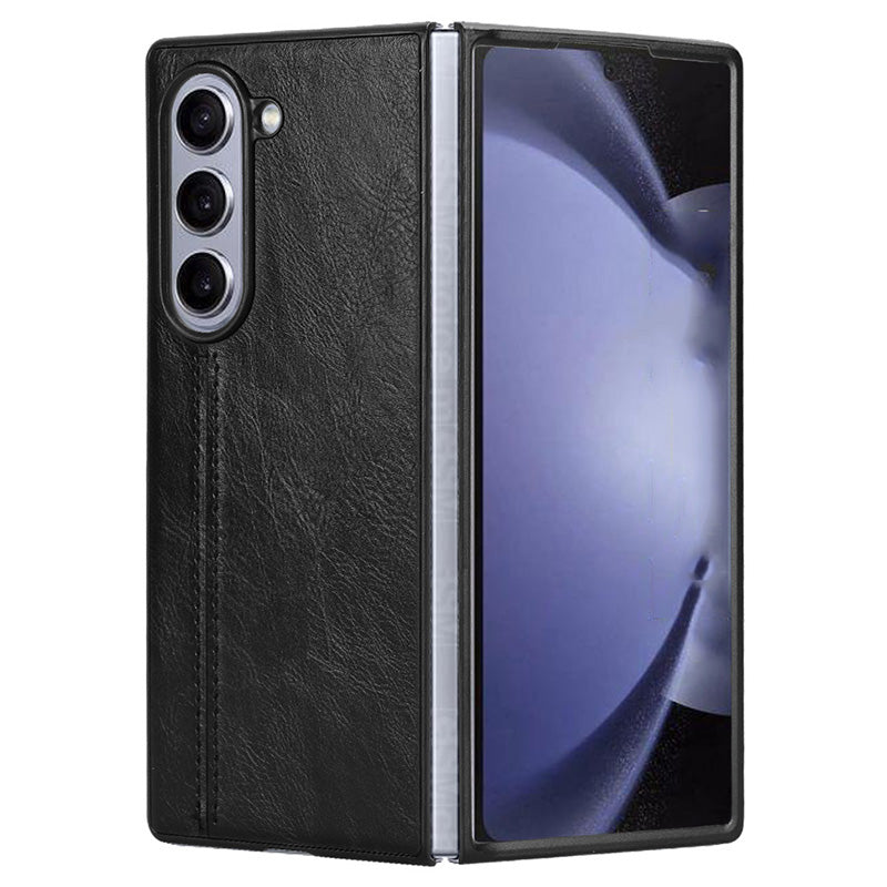 For Samsung Galaxy Z Fold6 5G Case Cowhide Texture Leather+PC Phone Cover Stitching Lines - Black