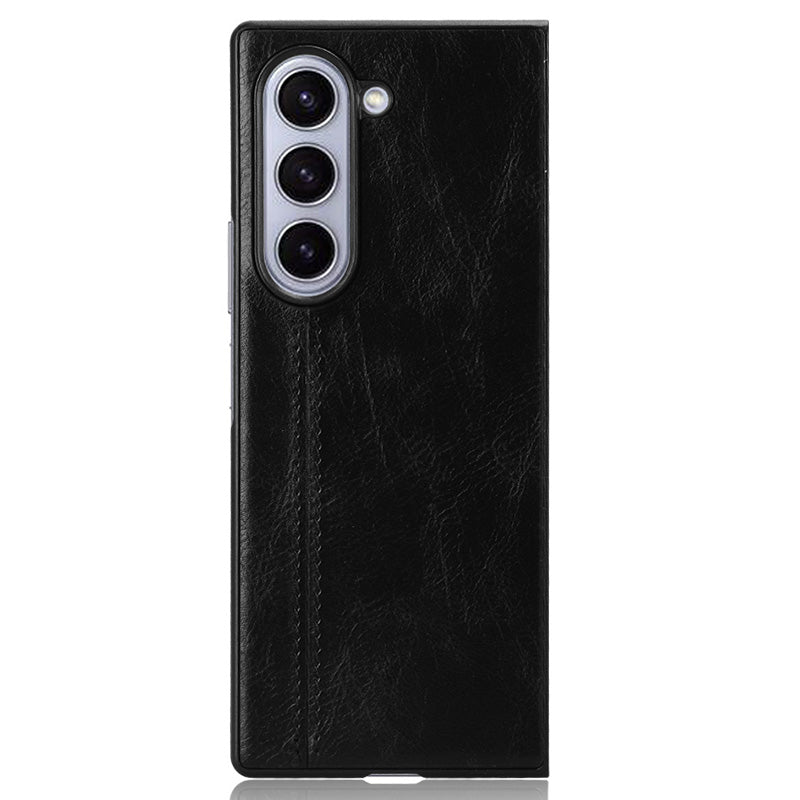For Samsung Galaxy Z Fold6 5G Case Cowhide Texture Leather+PC Phone Cover Stitching Lines - Black