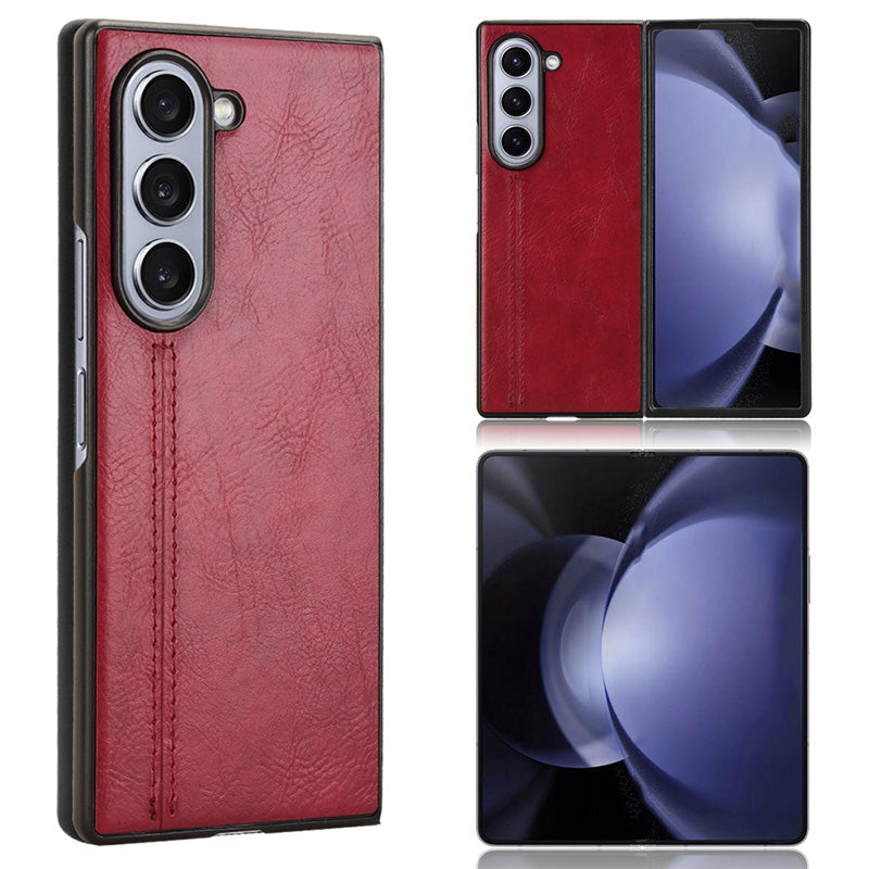 For Samsung Galaxy Z Fold6 5G Case Cowhide Texture Leather+PC Phone Cover Stitching Lines - Red