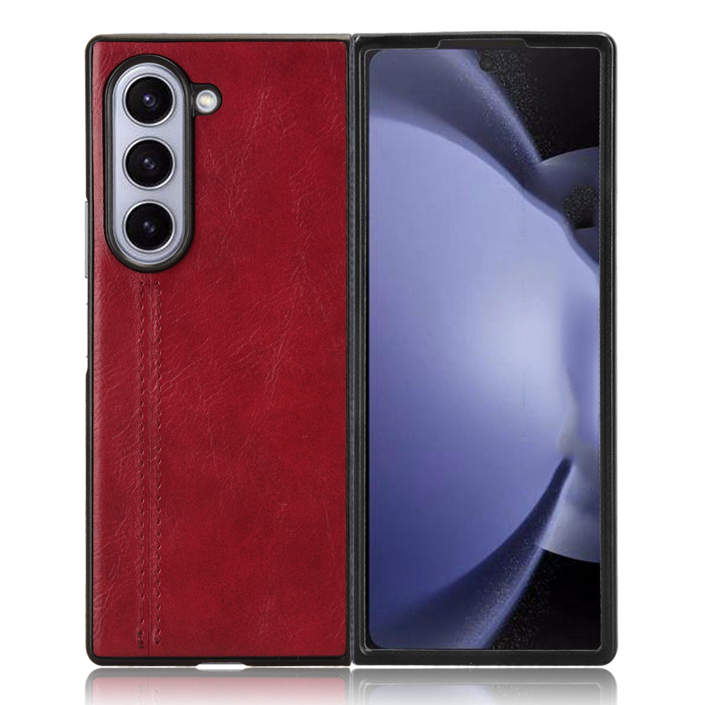 For Samsung Galaxy Z Fold6 5G Case Cowhide Texture Leather+PC Phone Cover Stitching Lines - Red