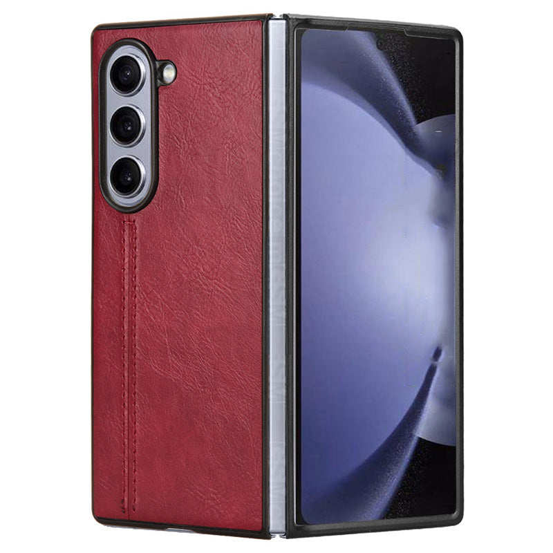 For Samsung Galaxy Z Fold6 5G Case Cowhide Texture Leather+PC Phone Cover Stitching Lines - Red