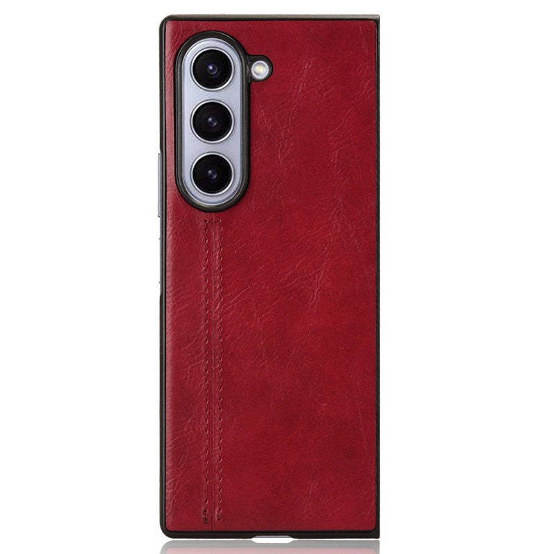 For Samsung Galaxy Z Fold6 5G Case Cowhide Texture Leather+PC Phone Cover Stitching Lines - Red