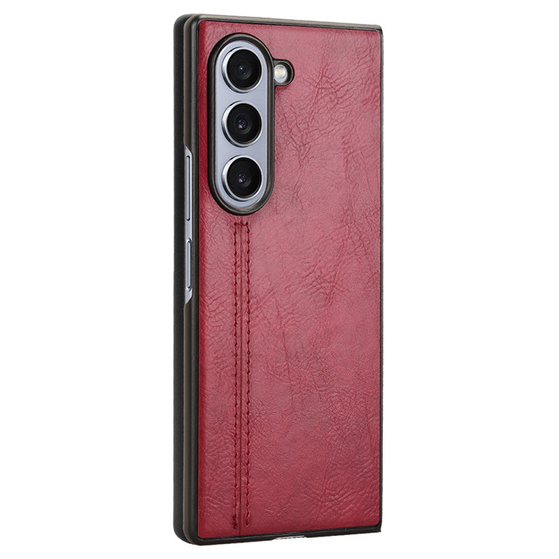 For Samsung Galaxy Z Fold6 5G Case Cowhide Texture Leather+PC Phone Cover Stitching Lines - Red