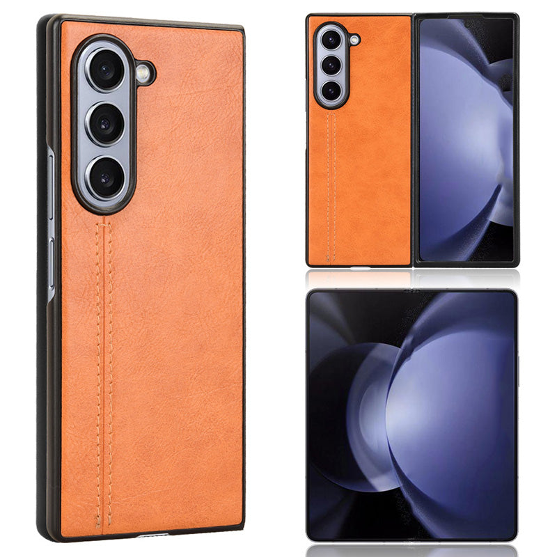 For Samsung Galaxy Z Fold6 5G Case Cowhide Texture Leather+PC Phone Cover Stitching Lines - Orange
