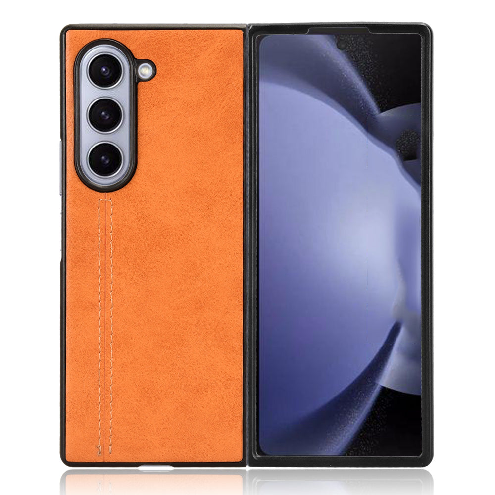 For Samsung Galaxy Z Fold6 5G Case Cowhide Texture Leather+PC Phone Cover Stitching Lines - Orange