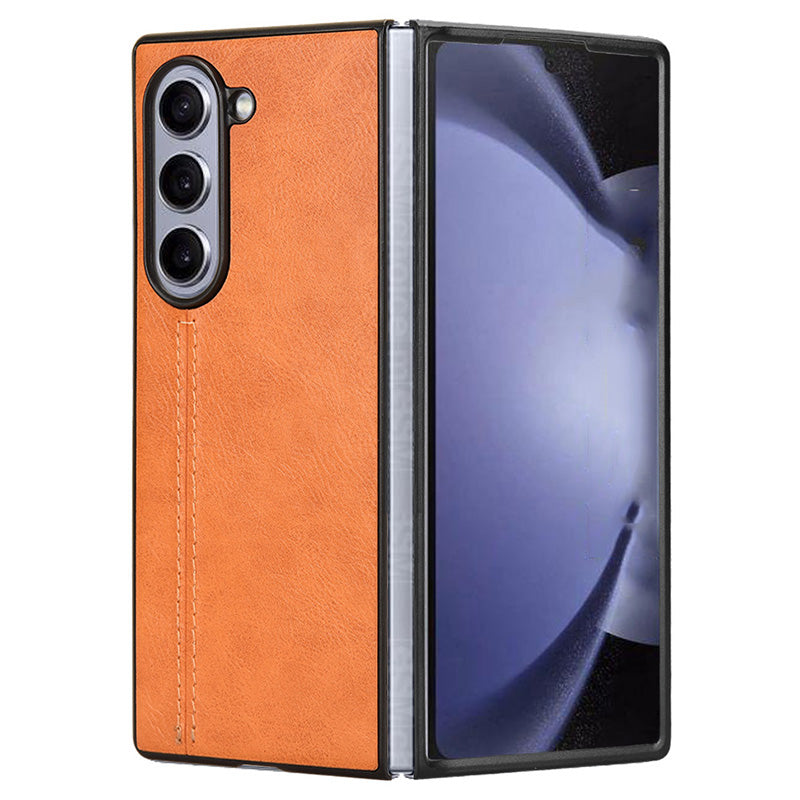 For Samsung Galaxy Z Fold6 5G Case Cowhide Texture Leather+PC Phone Cover Stitching Lines - Orange