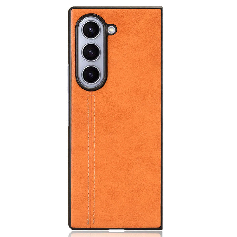 For Samsung Galaxy Z Fold6 5G Case Cowhide Texture Leather+PC Phone Cover Stitching Lines - Orange