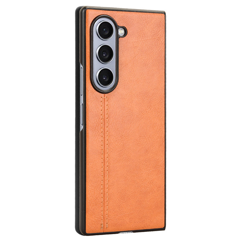 For Samsung Galaxy Z Fold6 5G Case Cowhide Texture Leather+PC Phone Cover Stitching Lines - Orange