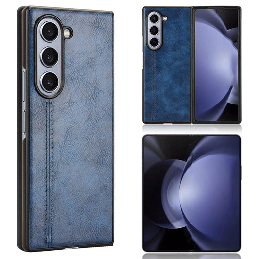 For Samsung Galaxy Z Fold6 5G Case Cowhide Texture Leather+PC Phone Cover Stitching Lines - Blue