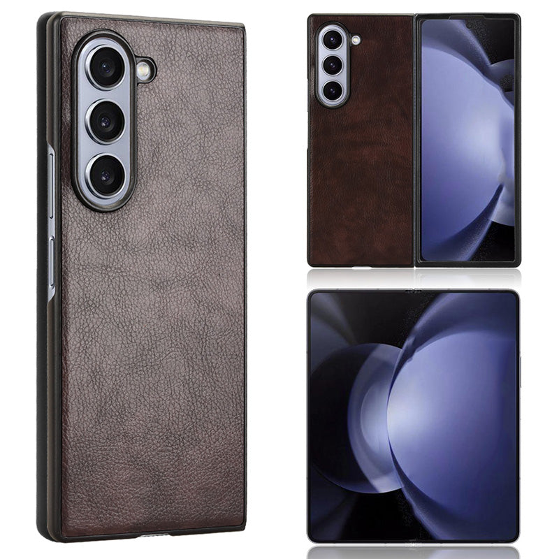 For Samsung Galaxy Z Fold6 5G Case Litchi Texture PU Leather + PC Phone Cover - Brown