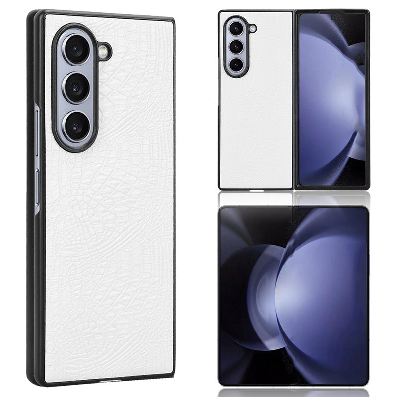 For Samsung Galaxy Z Fold6 5G Case Crocodile Texture Leather Coated Hard PC Phone Cover - White