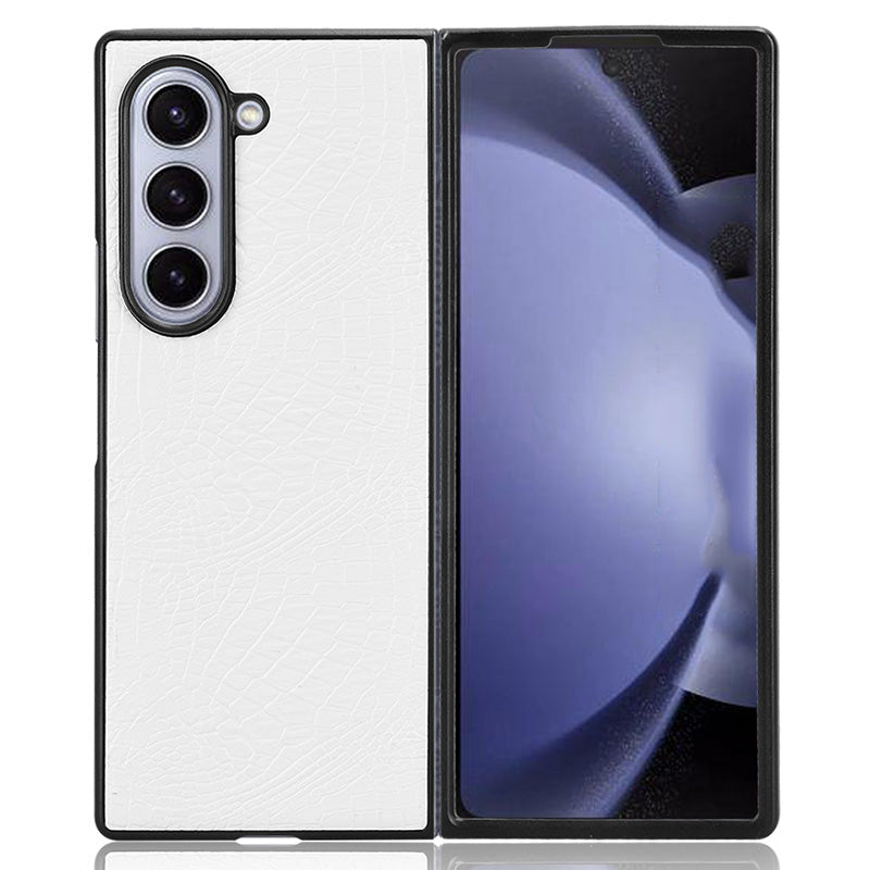 For Samsung Galaxy Z Fold6 5G Case Crocodile Texture Leather Coated Hard PC Phone Cover - White