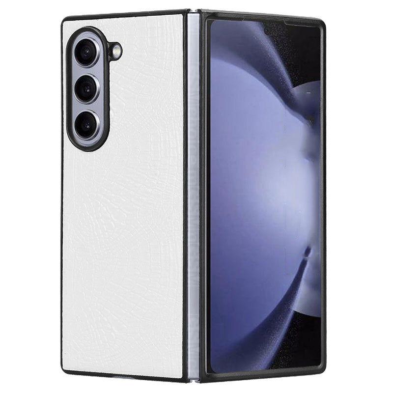 For Samsung Galaxy Z Fold6 5G Case Crocodile Texture Leather Coated Hard PC Phone Cover - White