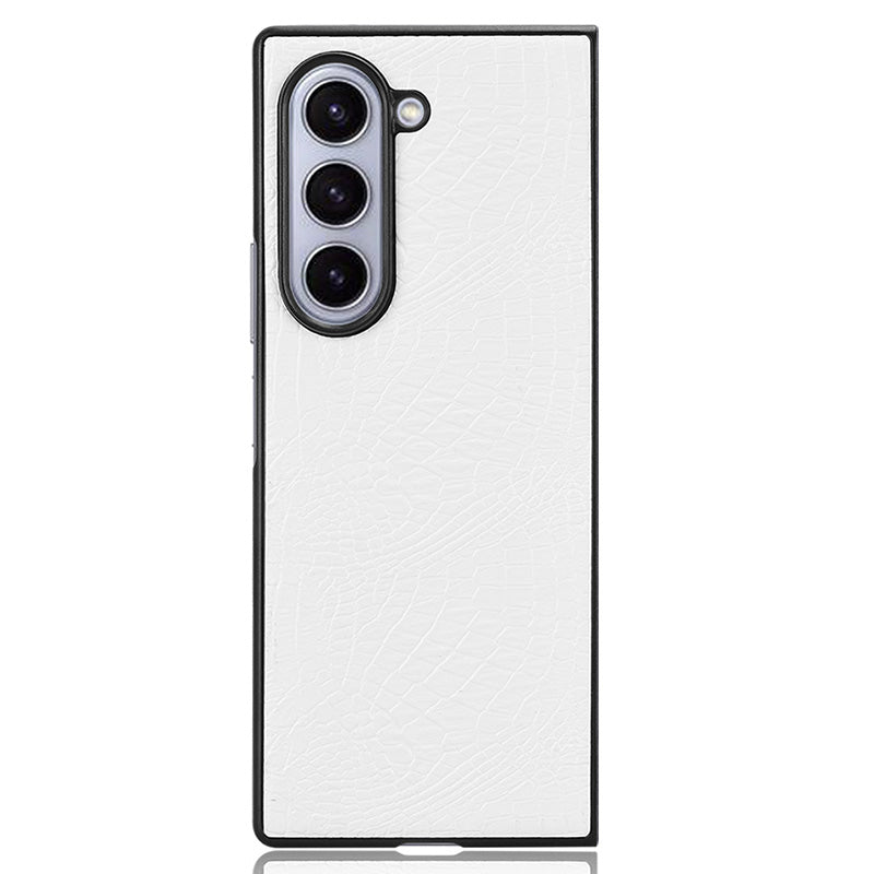 For Samsung Galaxy Z Fold6 5G Case Crocodile Texture Leather Coated Hard PC Phone Cover - White