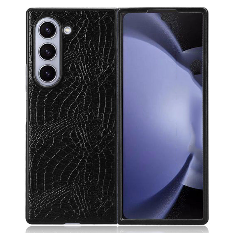 For Samsung Galaxy Z Fold6 5G Case Crocodile Texture Leather Coated Hard PC Phone Cover - Black