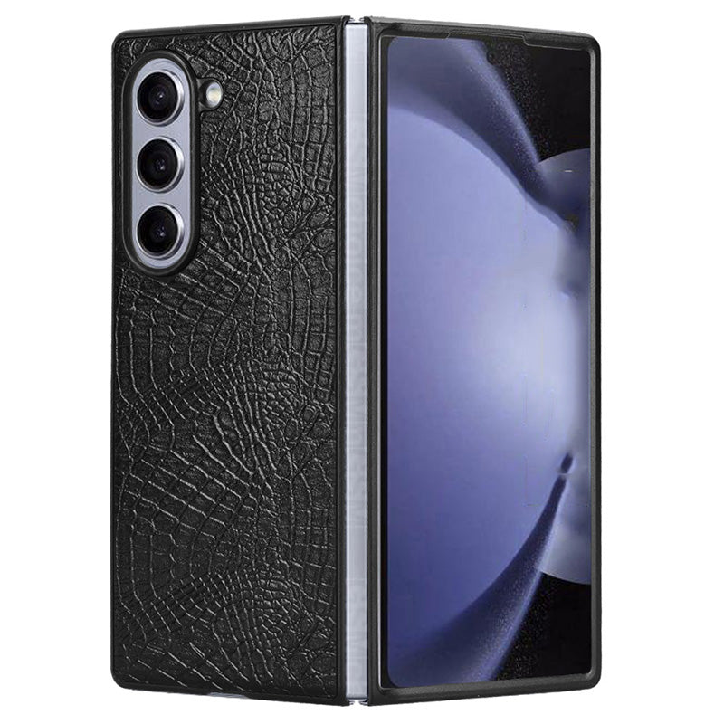 For Samsung Galaxy Z Fold6 5G Case Crocodile Texture Leather Coated Hard PC Phone Cover - Black