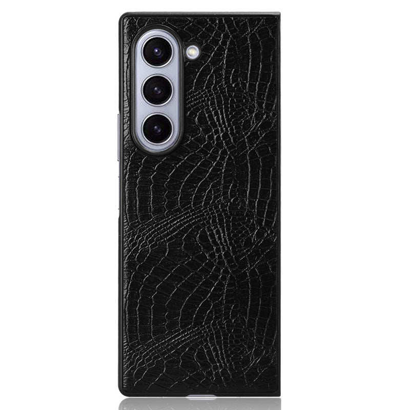 For Samsung Galaxy Z Fold6 5G Case Crocodile Texture Leather Coated Hard PC Phone Cover - Black