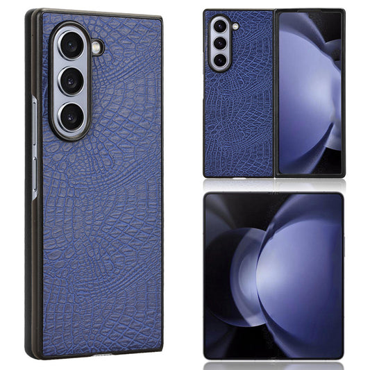 For Samsung Galaxy Z Fold6 5G Case Crocodile Texture Leather Coated Hard PC Phone Cover - Blue