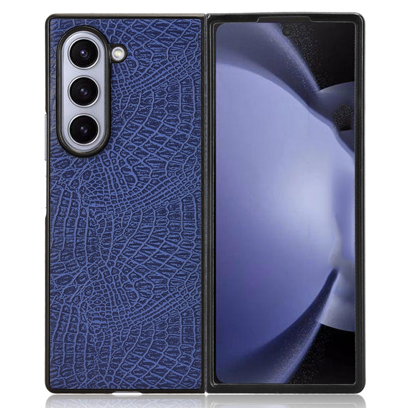 For Samsung Galaxy Z Fold6 5G Case Crocodile Texture Leather Coated Hard PC Phone Cover - Blue