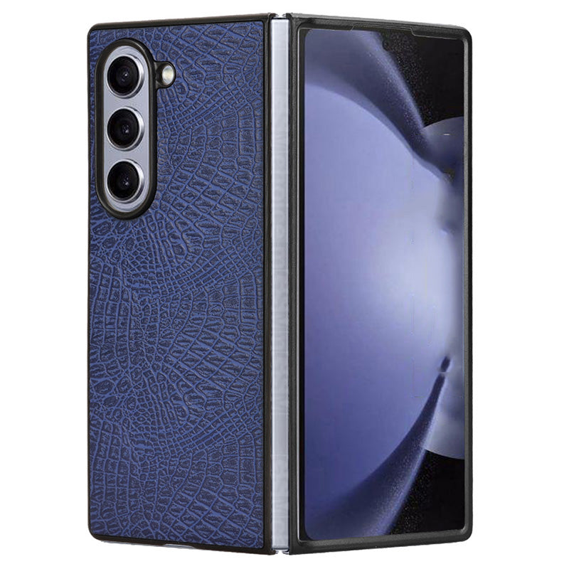 For Samsung Galaxy Z Fold6 5G Case Crocodile Texture Leather Coated Hard PC Phone Cover - Blue