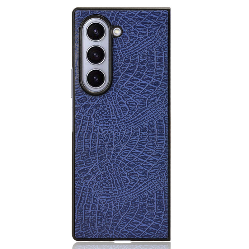 For Samsung Galaxy Z Fold6 5G Case Crocodile Texture Leather Coated Hard PC Phone Cover - Blue