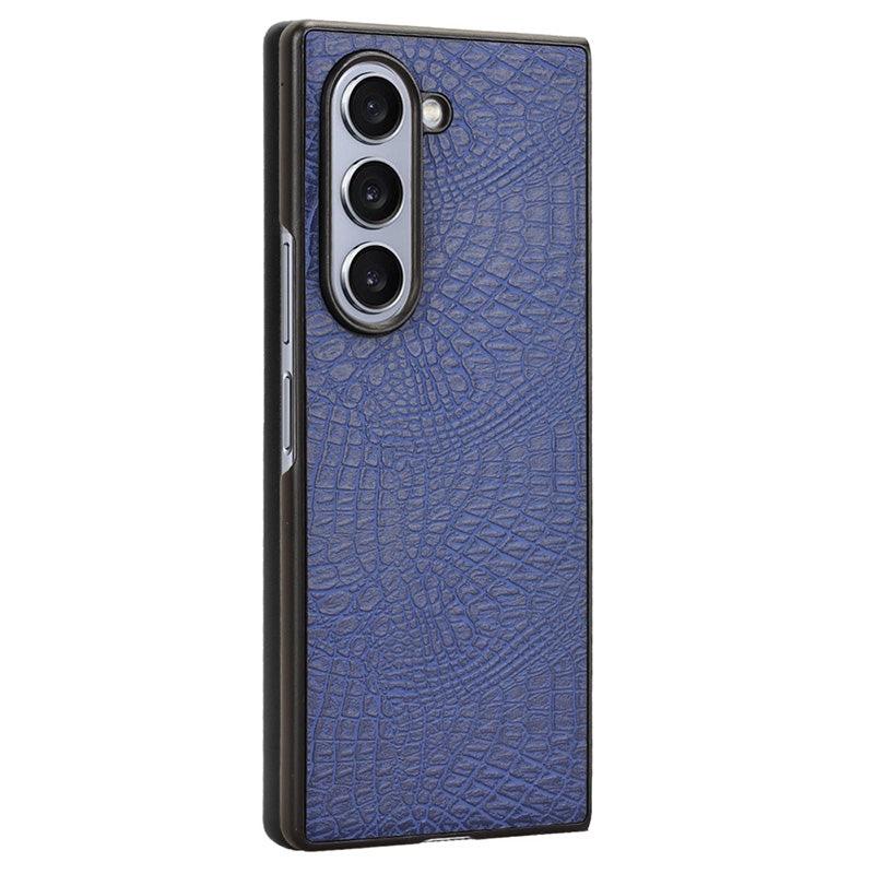 For Samsung Galaxy Z Fold6 5G Case Crocodile Texture Leather Coated Hard PC Phone Cover - Blue