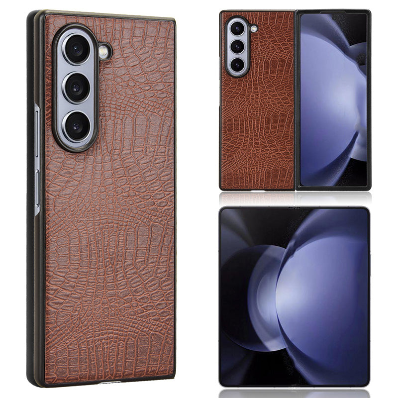 For Samsung Galaxy Z Fold6 5G Case Crocodile Texture Leather Coated Hard PC Phone Cover - Brown
