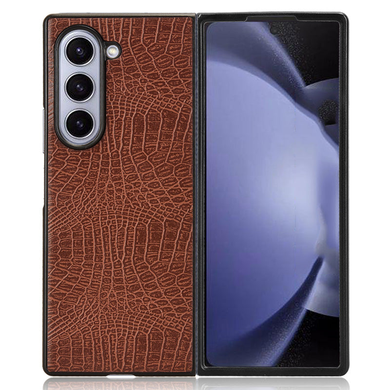 For Samsung Galaxy Z Fold6 5G Case Crocodile Texture Leather Coated Hard PC Phone Cover - Brown