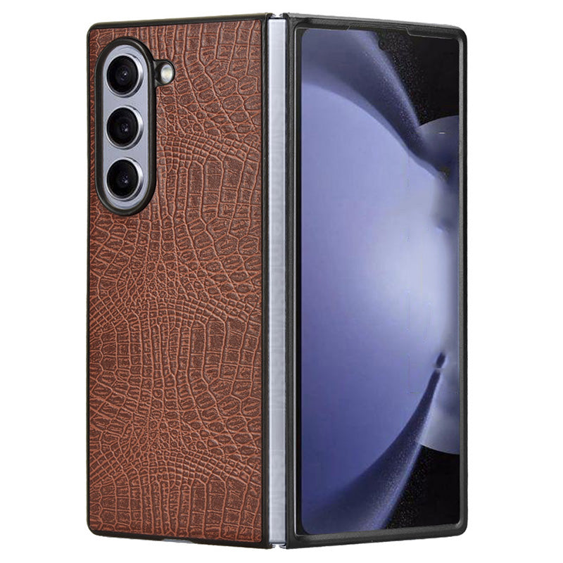 For Samsung Galaxy Z Fold6 5G Case Crocodile Texture Leather Coated Hard PC Phone Cover - Brown