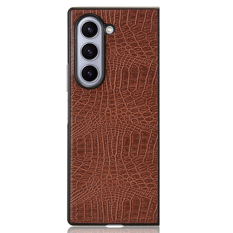 For Samsung Galaxy Z Fold6 5G Case Crocodile Texture Leather Coated Hard PC Phone Cover - Brown