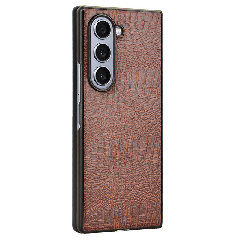 For Samsung Galaxy Z Fold6 5G Case Crocodile Texture Leather Coated Hard PC Phone Cover - Brown