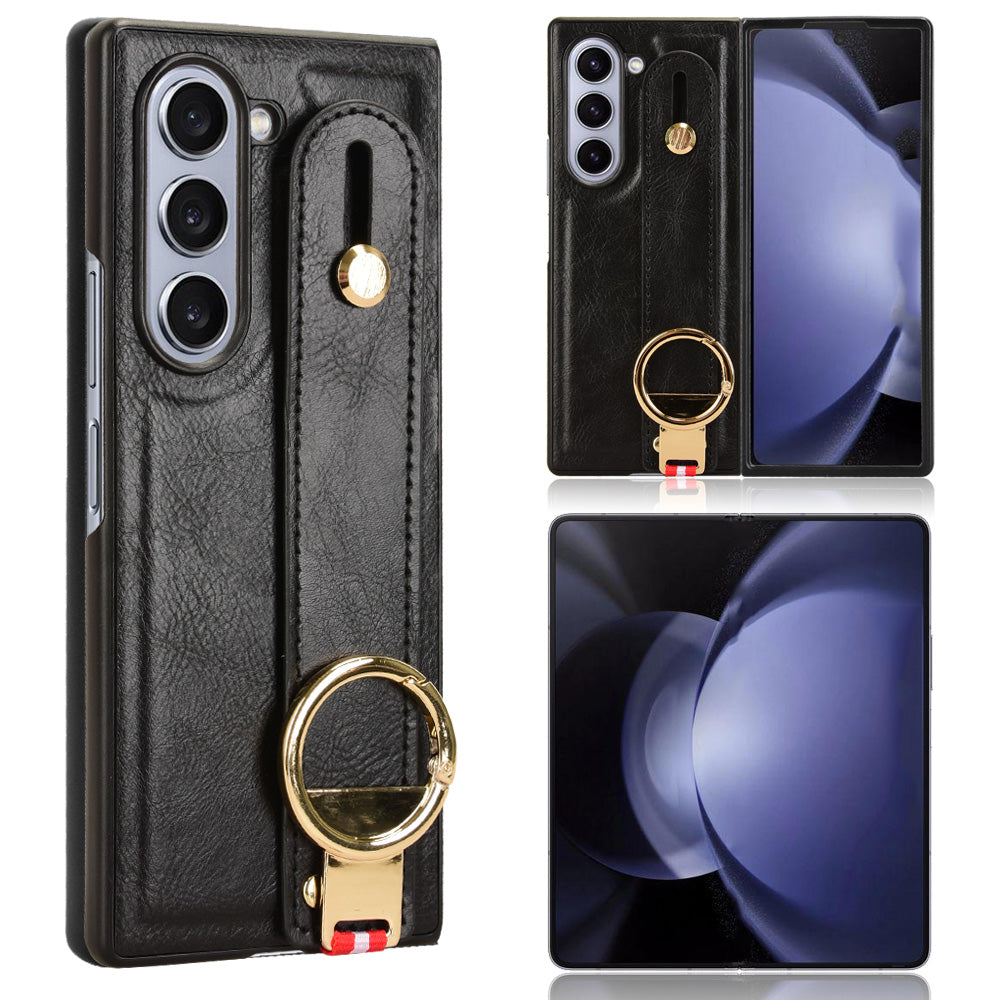 For Samsung Galaxy Z Fold6 5G Case Leather+PC+TPU Wristband Cover with Bottle Opener Ring - Black