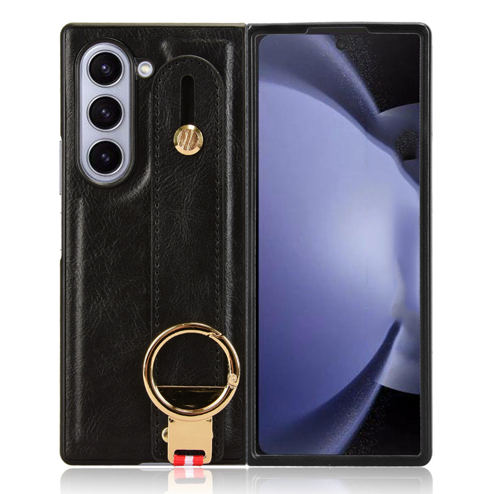 For Samsung Galaxy Z Fold6 5G Case Leather+PC+TPU Wristband Cover with Bottle Opener Ring - Black